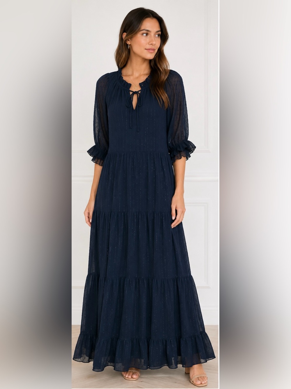 Jade by Melody Tam Tiered Peasant Maxi Dress Sheer Swiss Dot Boho Navy XS/S NWT